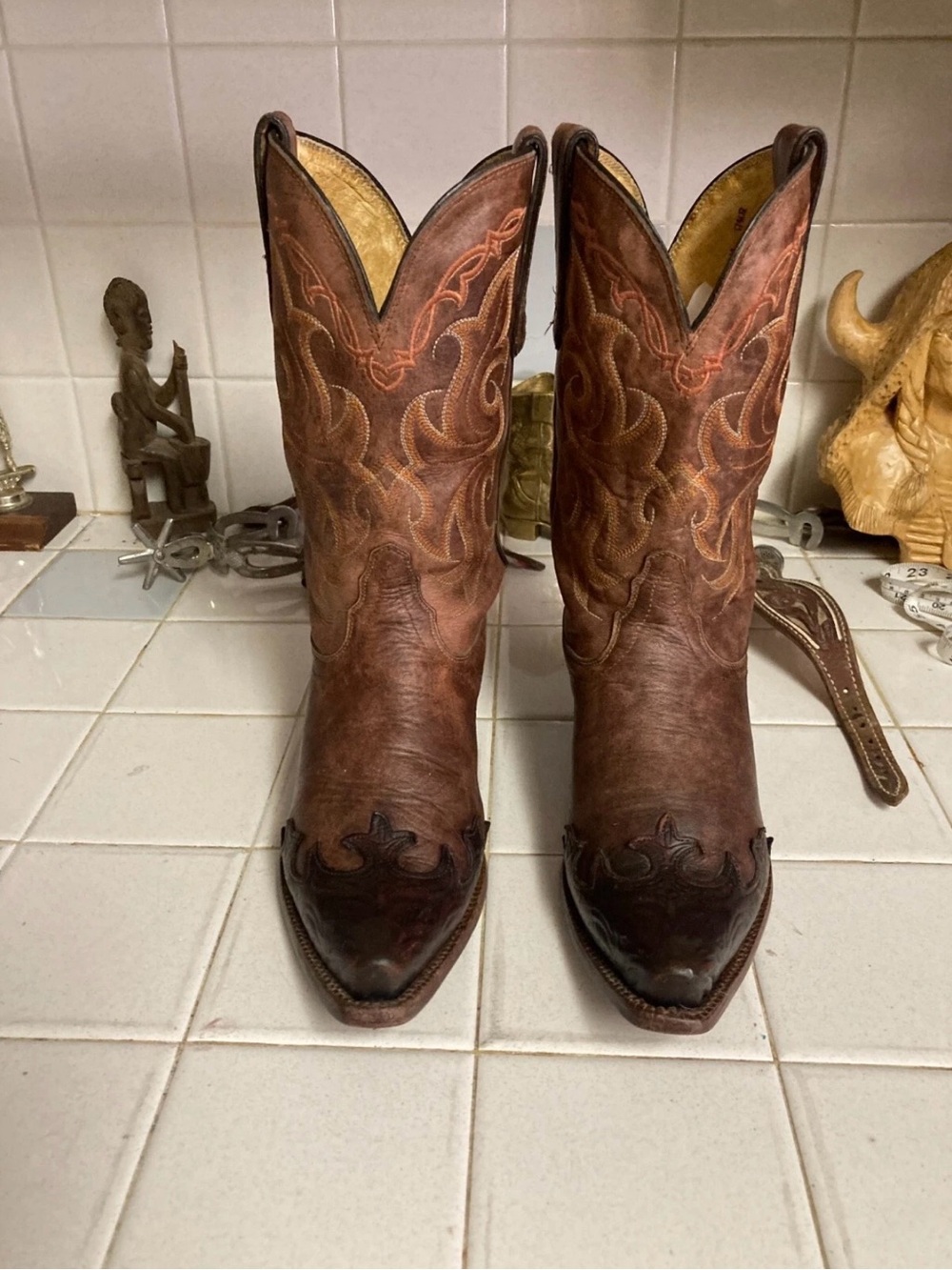 Tony Lama Tooled Boots Women Sz 8 B Brown leather Pointy Snip Toe Western